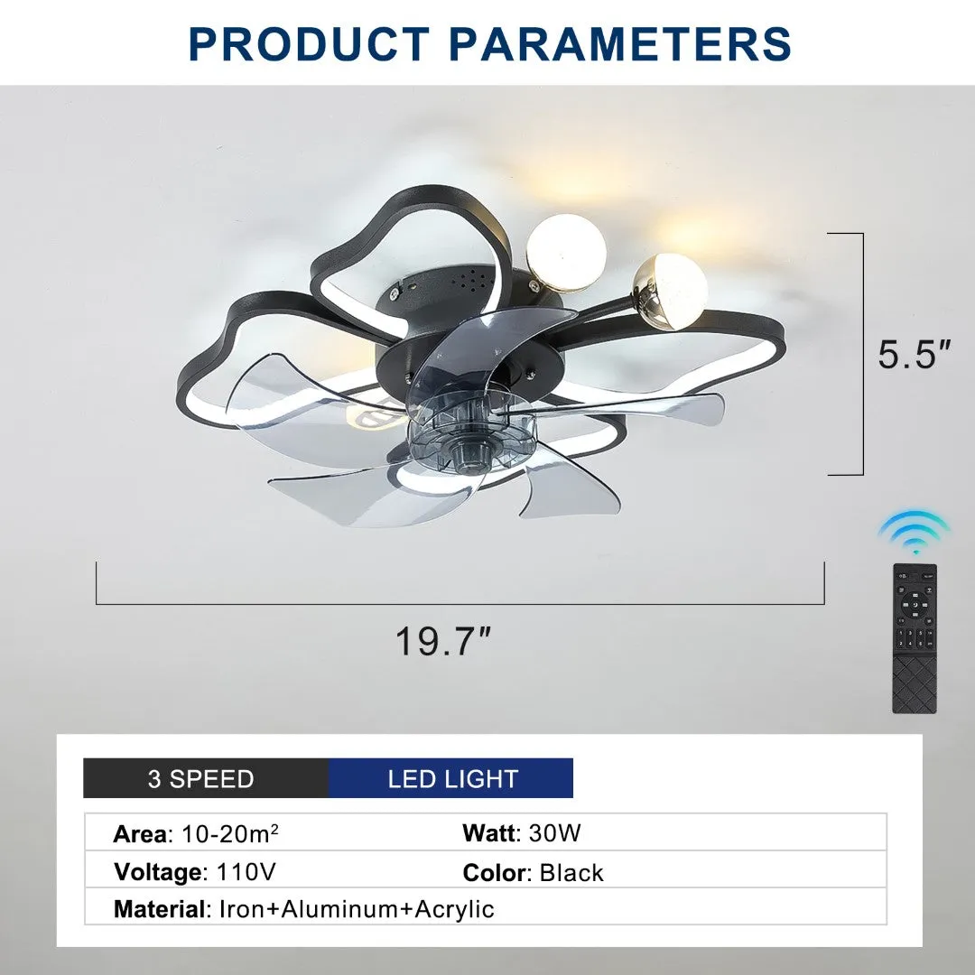 19.7" Modern Butterfly Ceiling Fan w/ Lights & Remote Control - Black, Bedroom & Living Room Fan, Timer, Silent Operation