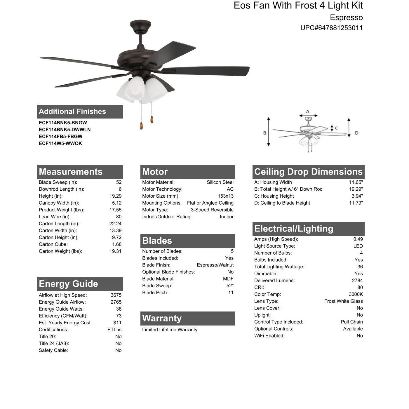 52" Eos Frost 4 Light in Espresso w/ Espresso/Walnut Blades