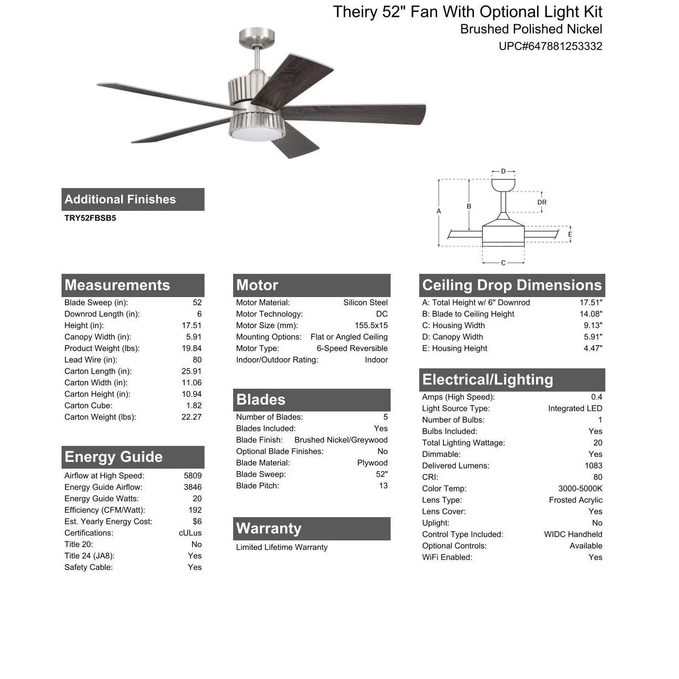 52" Theiry in Brushed Polished Nickel w/ Brushed Nickel/Greywood Blades