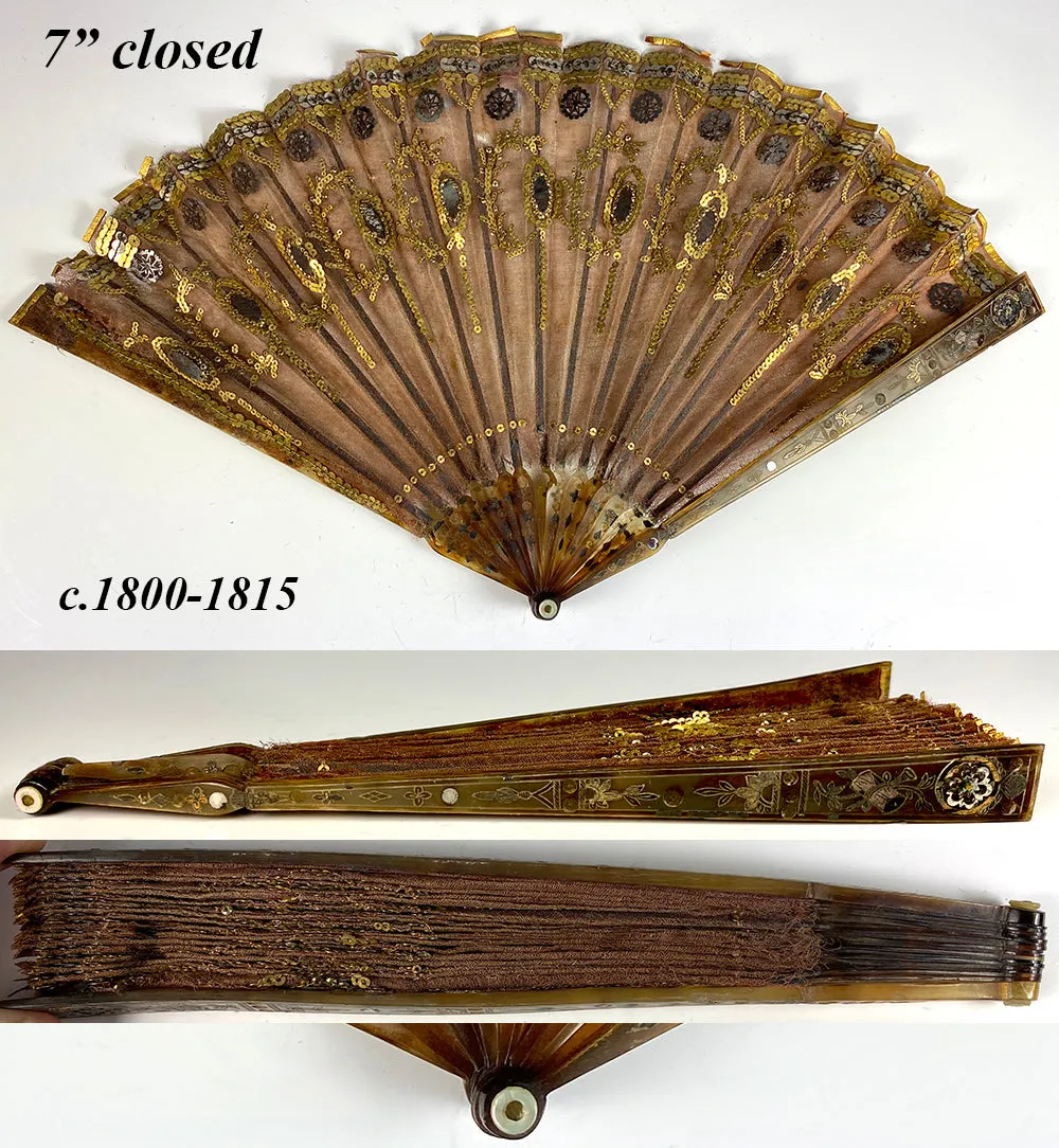 Antique French Empire Sequin, Silk and Tortoise Shell Pique Hand Fan, c.1800-1815