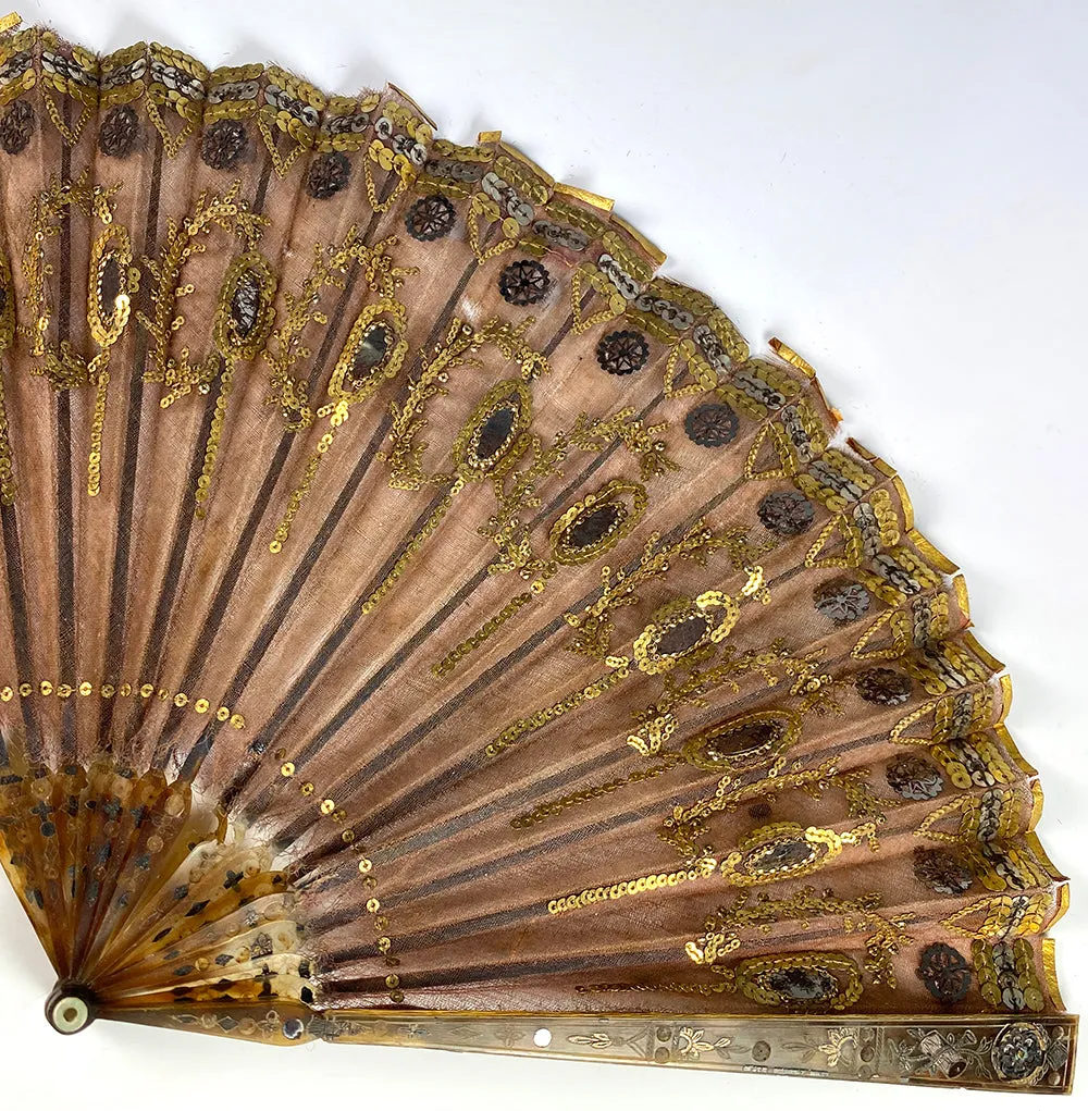 Antique French Empire Sequin, Silk and Tortoise Shell Pique Hand Fan, c.1800-1815