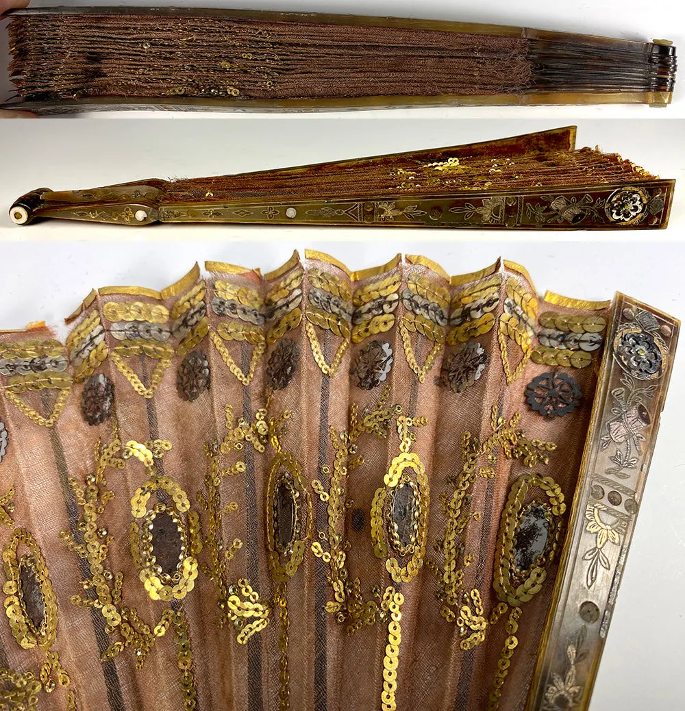 Antique French Empire Sequin, Silk and Tortoise Shell Pique Hand Fan, c.1800-1815