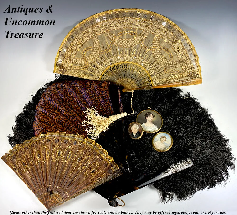 Antique French Empire Sequin, Silk and Tortoise Shell Pique Hand Fan, c.1800-1815