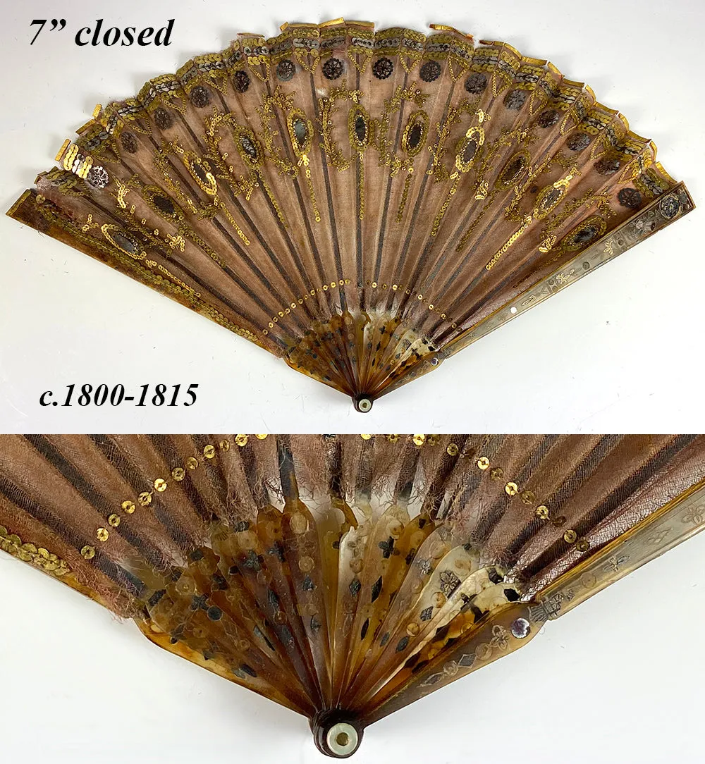 Antique French Empire Sequin, Silk and Tortoise Shell Pique Hand Fan, c.1800-1815