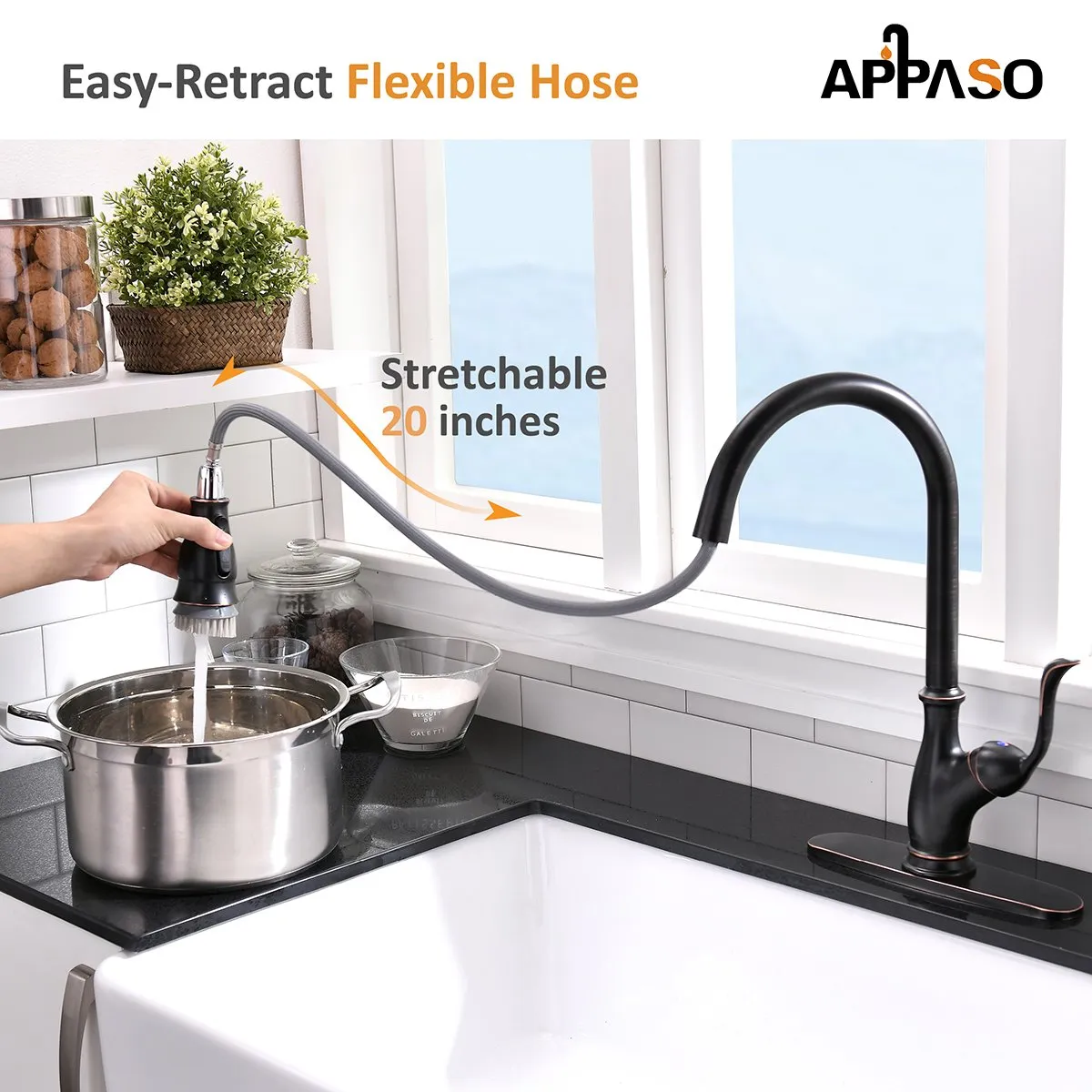 APPASO 170ORB Single Handle Pull Down Kitchen Faucet Oil Rubbed Bronze with Magnetic Docking Sprayer and Brush