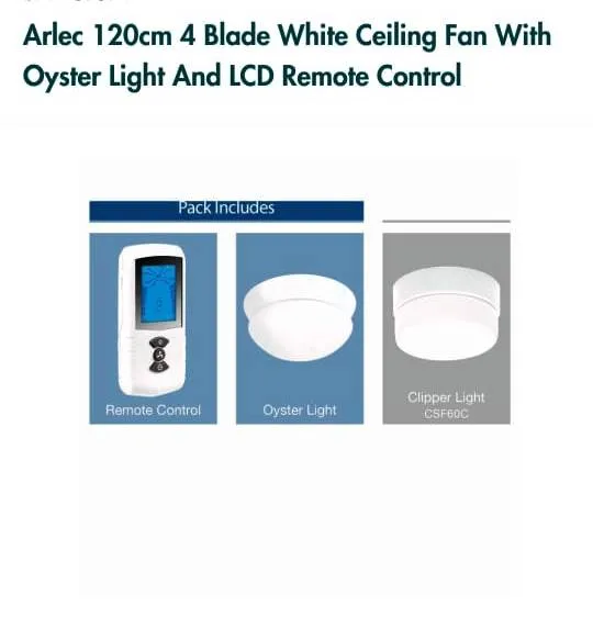 Arlec 120cm White 4 Blade Ceiling Fan With Oyster Light & LCD Remote Control