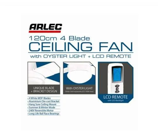 Arlec 120cm White 4 Blade Ceiling Fan With Oyster Light & LCD Remote Control