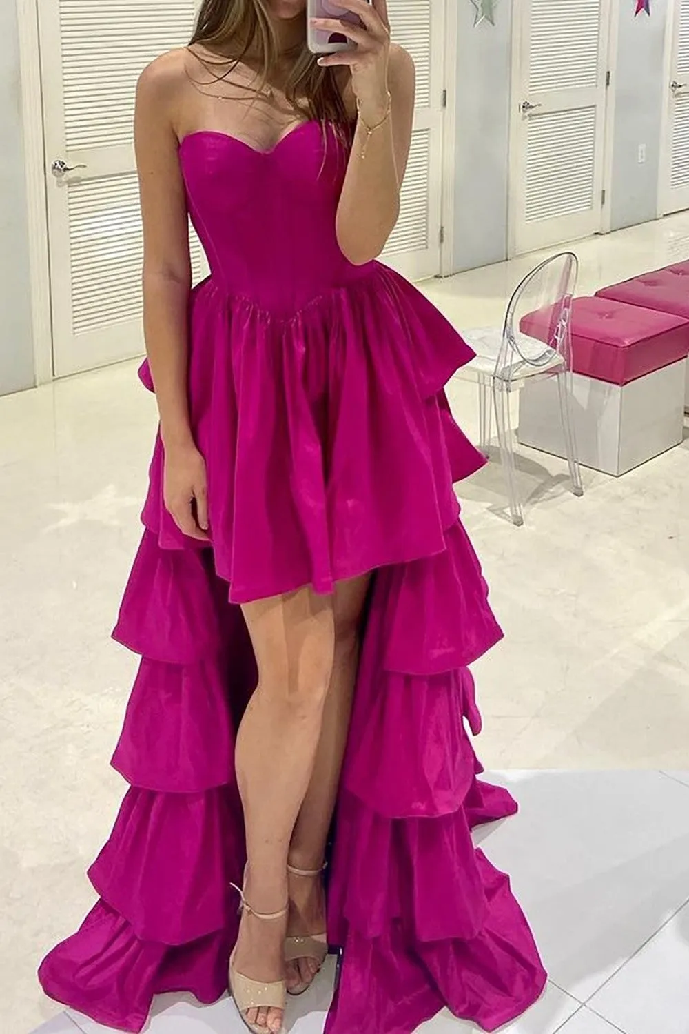 Asymmetrical High-Low Hot Pink Sweetheart Satin Prom Party Dress