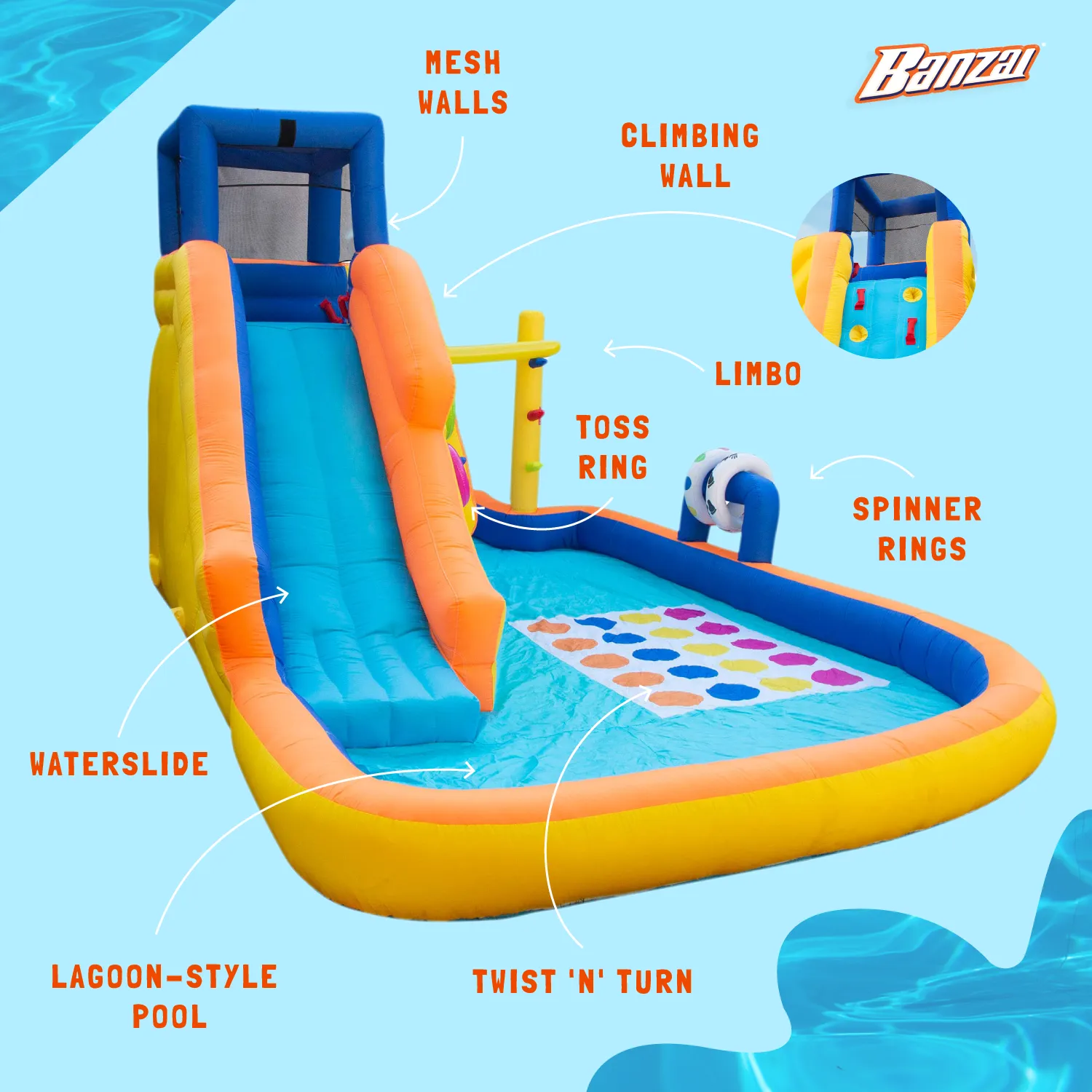 Banzai Inflatable Bounce House Water Game Park with Twister, Limbo, & Ring Toss