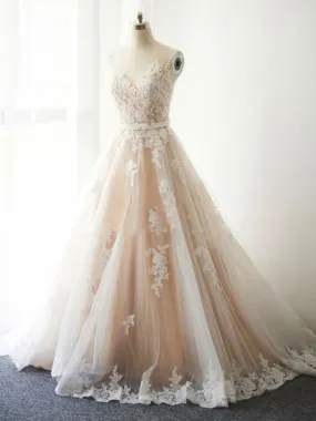 Beautiful Wedding Dresses with Sash A-line Appliques Sweep Train Romantic Bridal Gown JKW296