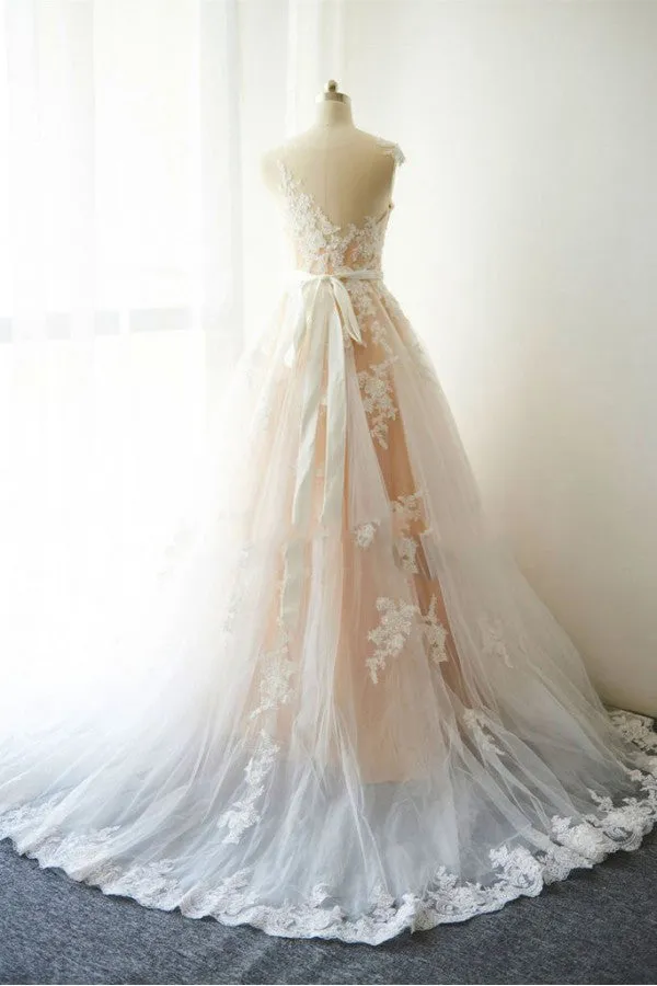 Beautiful Wedding Dresses with Sash A-line Appliques Sweep Train Romantic Bridal Gown JKW296