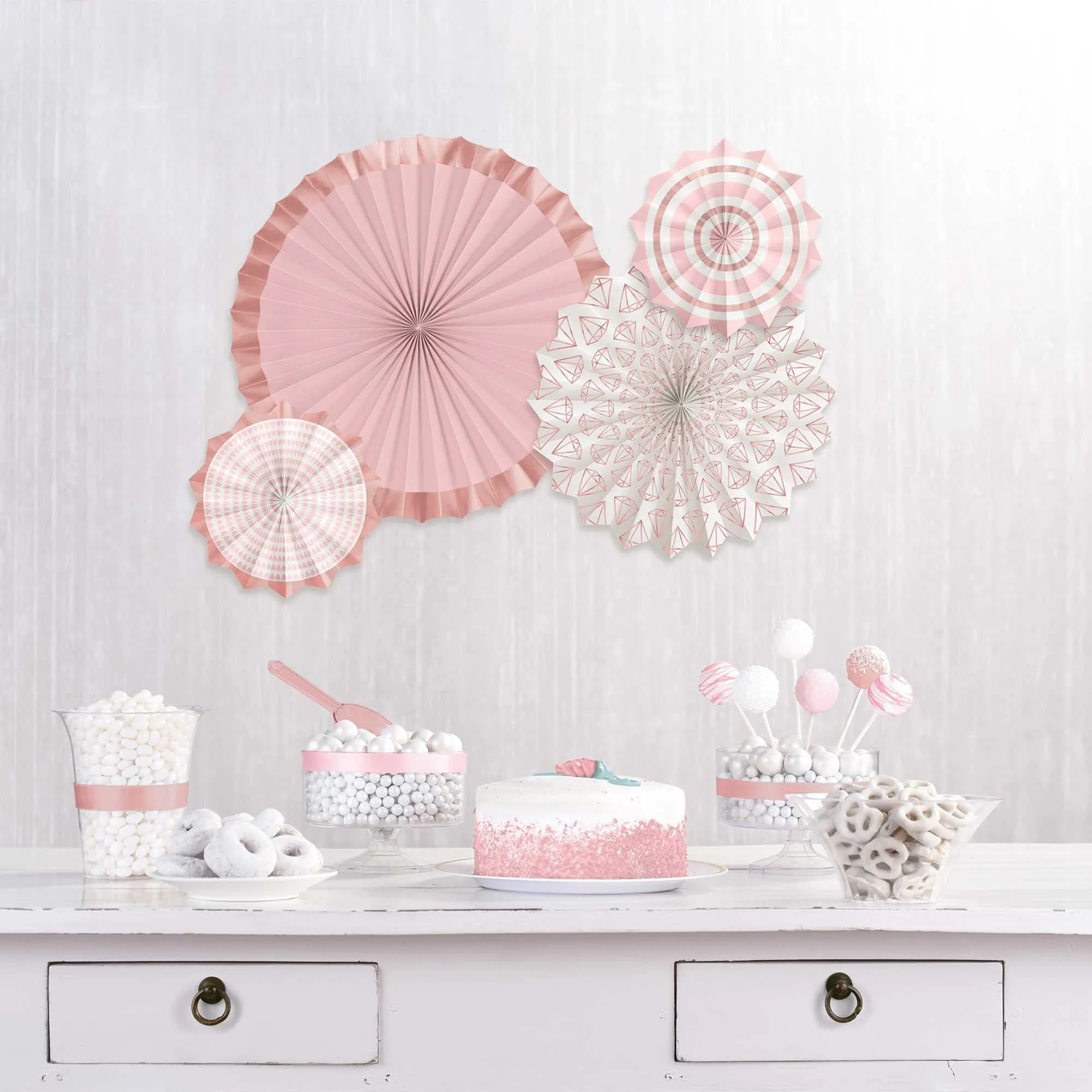 Blush Wedding Hot-Stamped Paper Fans 1 x 40cm, 1 x 30cm & 2 x 20cm 4pk