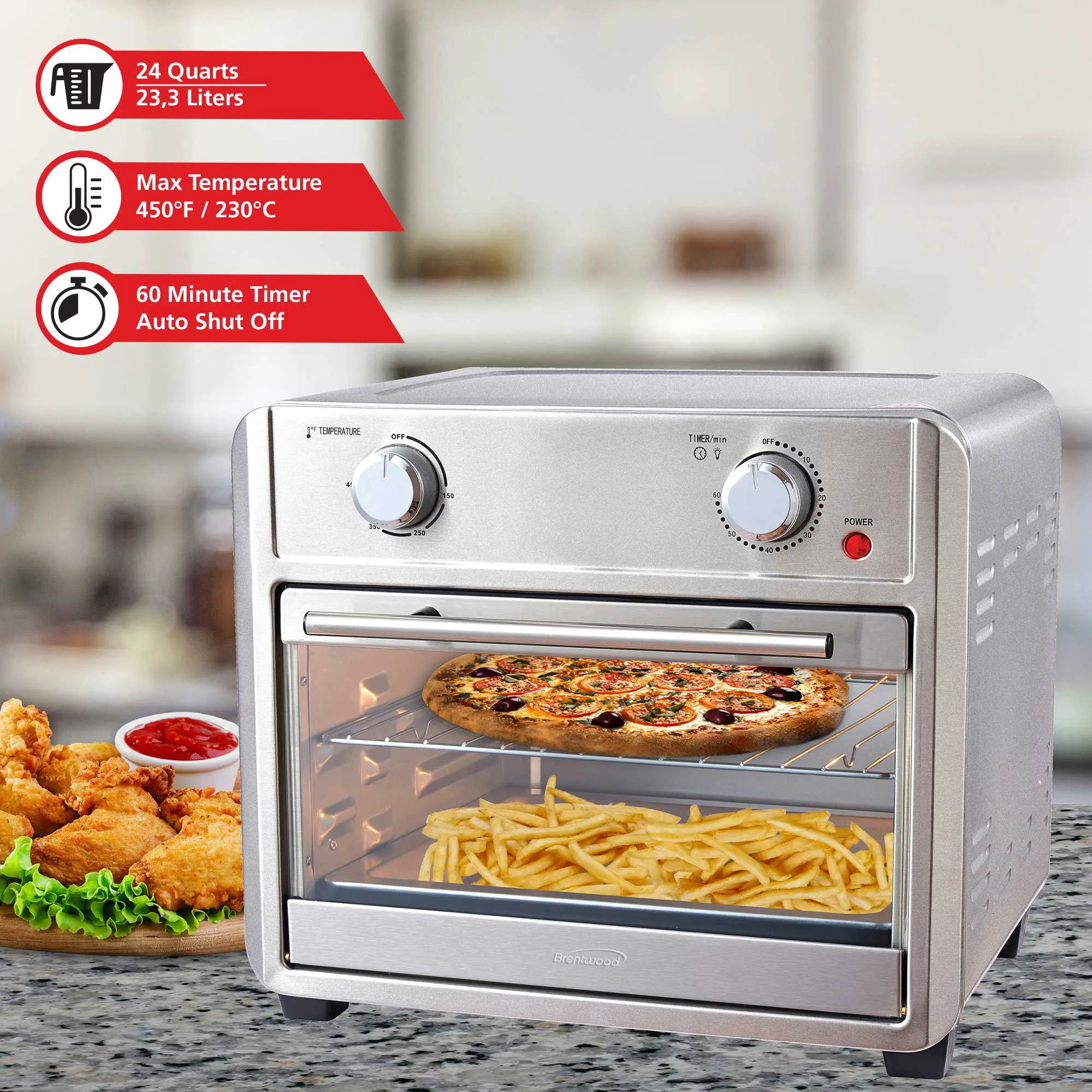 Brentwood AF-2400SI 24-Quart Convection Air Fryer Toaster Oven with 60-Minute Timer, Silver