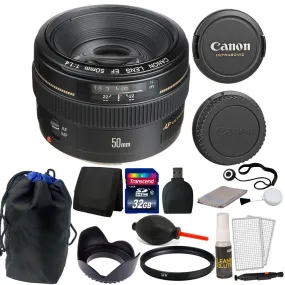 Canon EF 50mm f/1.4 USM Autofocus Lens   32GB Accessories for T2i T3i C100 XTI