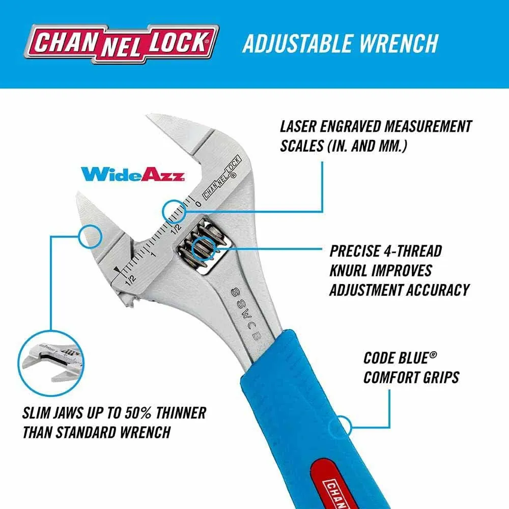 Channel Lock 8SWCB 8" Code Blue Wideazz Sliw Jaw Adjustable Wrench