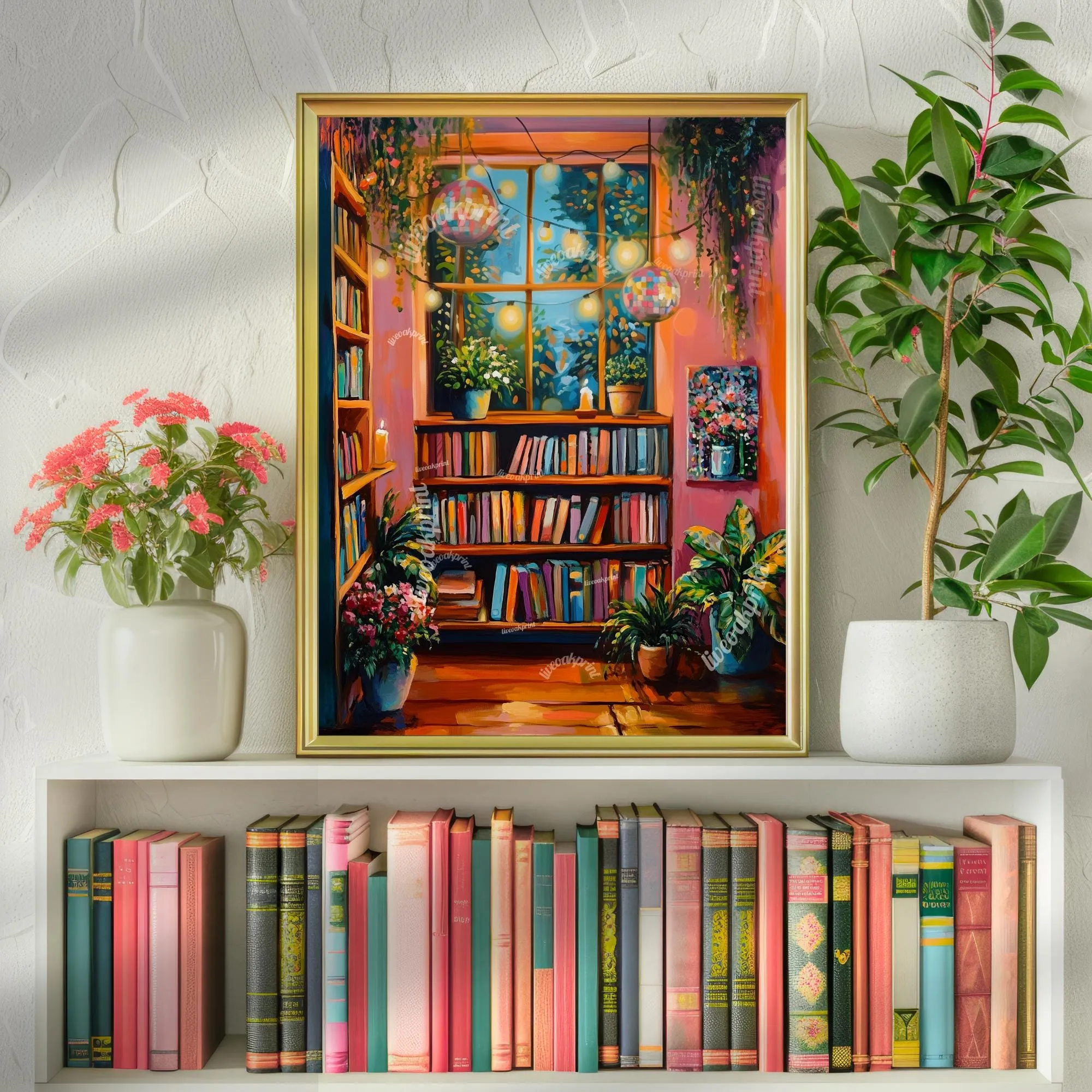 Cute and Cozy Disco Library - Reading Print - Bookish Print - Reading Nook Decor - Funky Book Print - Artsy Reading Decor