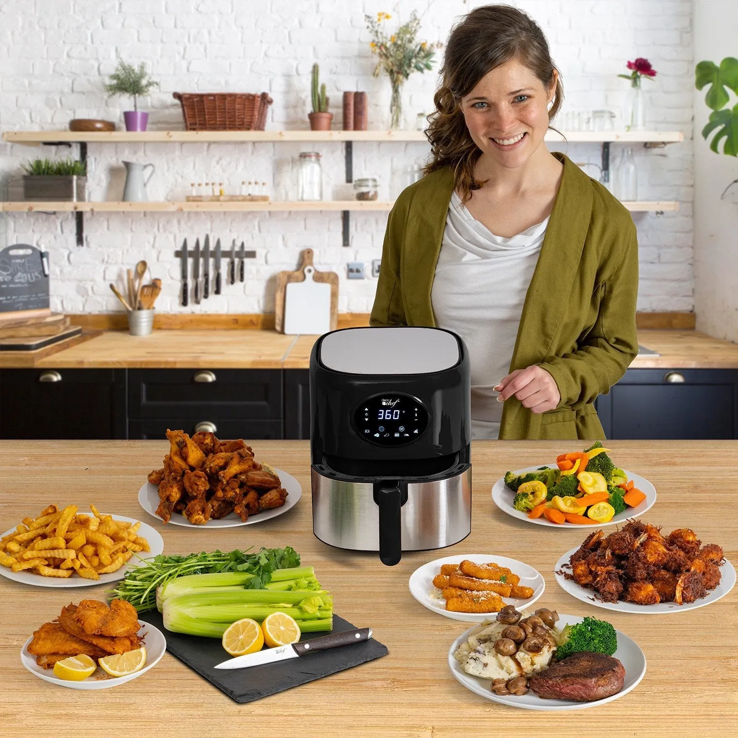 Deco Chef 3.7QT Digital Air Fryer, 6 Cooking Presets, Black   Deco Chef 16-Piece Knife Set