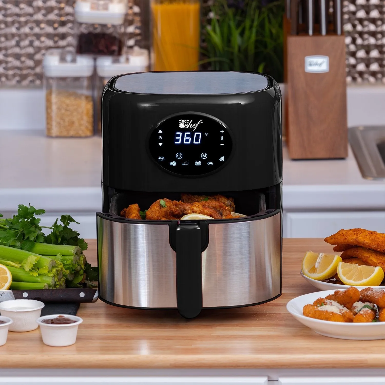 Deco Chef 3.7QT Digital Air Fryer, 6 Cooking Presets, Black   Deco Chef 16-Piece Knife Set