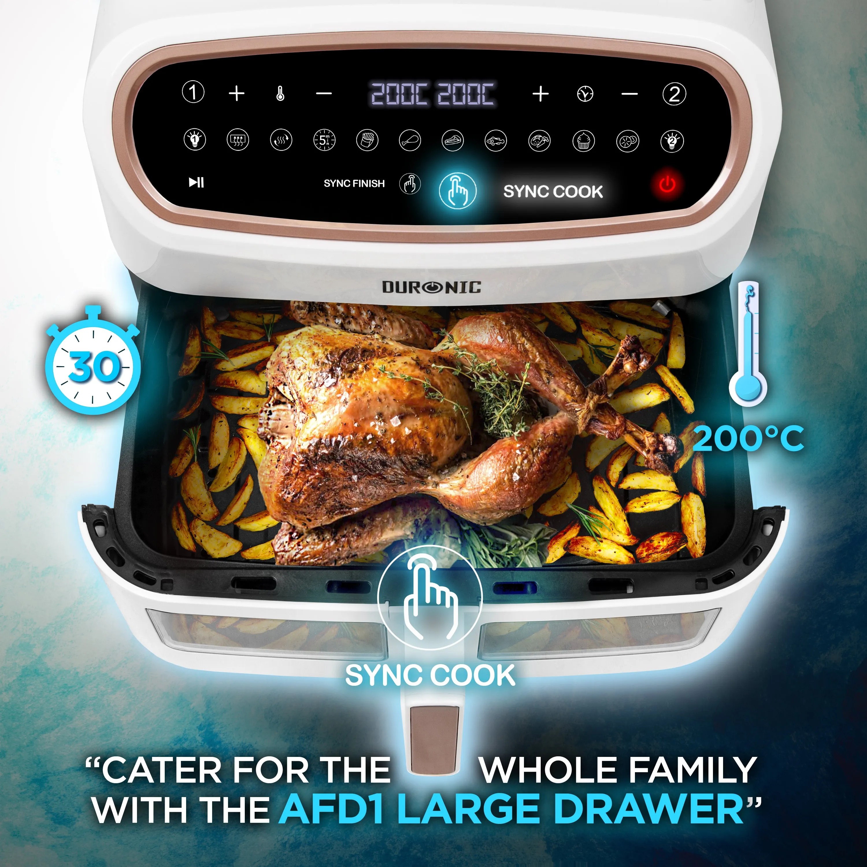 Duronic Dual Air Fryer with Visual Window AF34 WE White and Gold, 3 Draws Included, Dual Zone Double Basket Airfryer Family Sized Multi Cooker, 1 x 10L Large Drawer, 2 x 5L Twin Drawers, 10 Presets