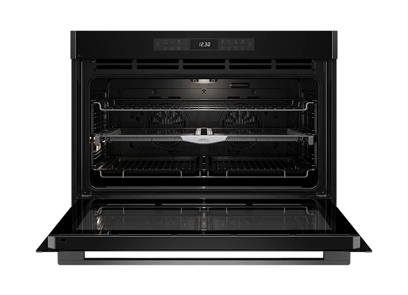 Euromaid EPO917ASTB 90cm 17 Function Built-in Oven with Pyrolytic Cleaning and Air Fry, Black Glass/Dark Stainless - Clearance Discount