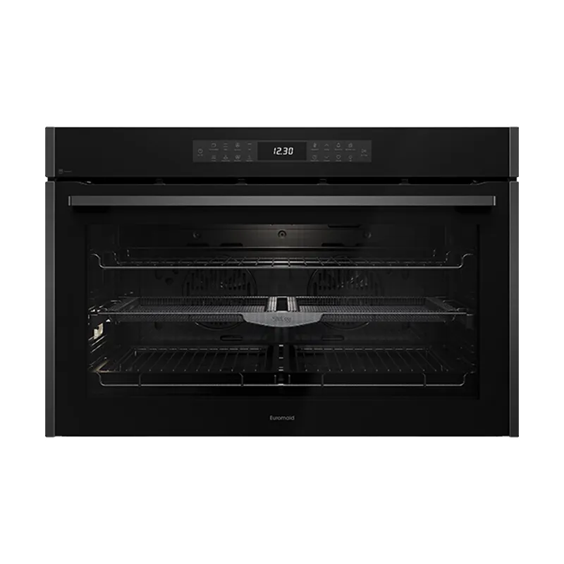 Euromaid EPO917ASTB 90cm 17 Function Built-in Oven with Pyrolytic Cleaning and Air Fry, Black Glass/Dark Stainless - Clearance Discount