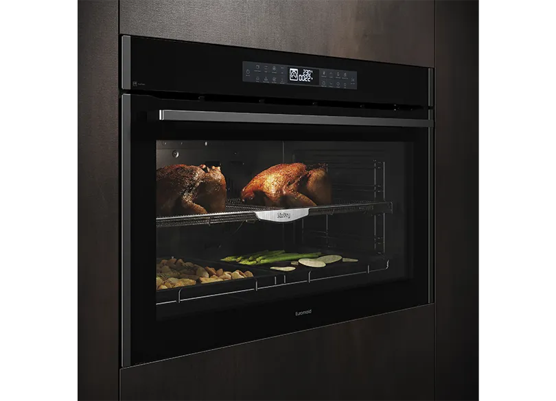 Euromaid EPO917ASTB 90cm 17 Function Built-in Oven with Pyrolytic Cleaning and Air Fry, Black Glass/Dark Stainless - Clearance Discount