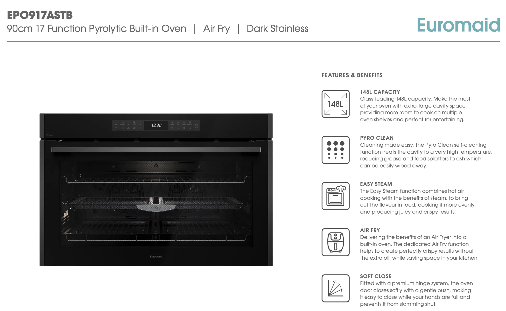 Euromaid EPO917ASTB 90cm 17 Function Built-in Oven with Pyrolytic Cleaning and Air Fry, Black Glass/Dark Stainless - Clearance Discount