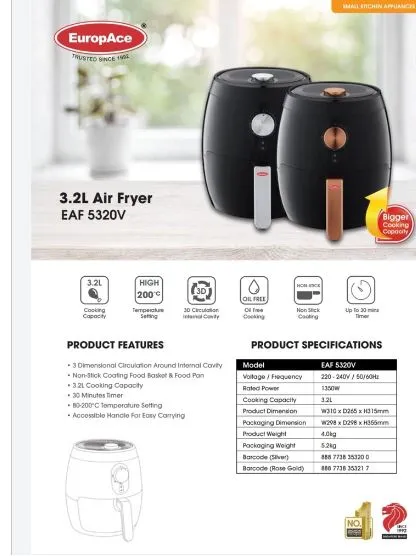 Europace EAF 5320V 3.2L Air Fryer Rose Gold