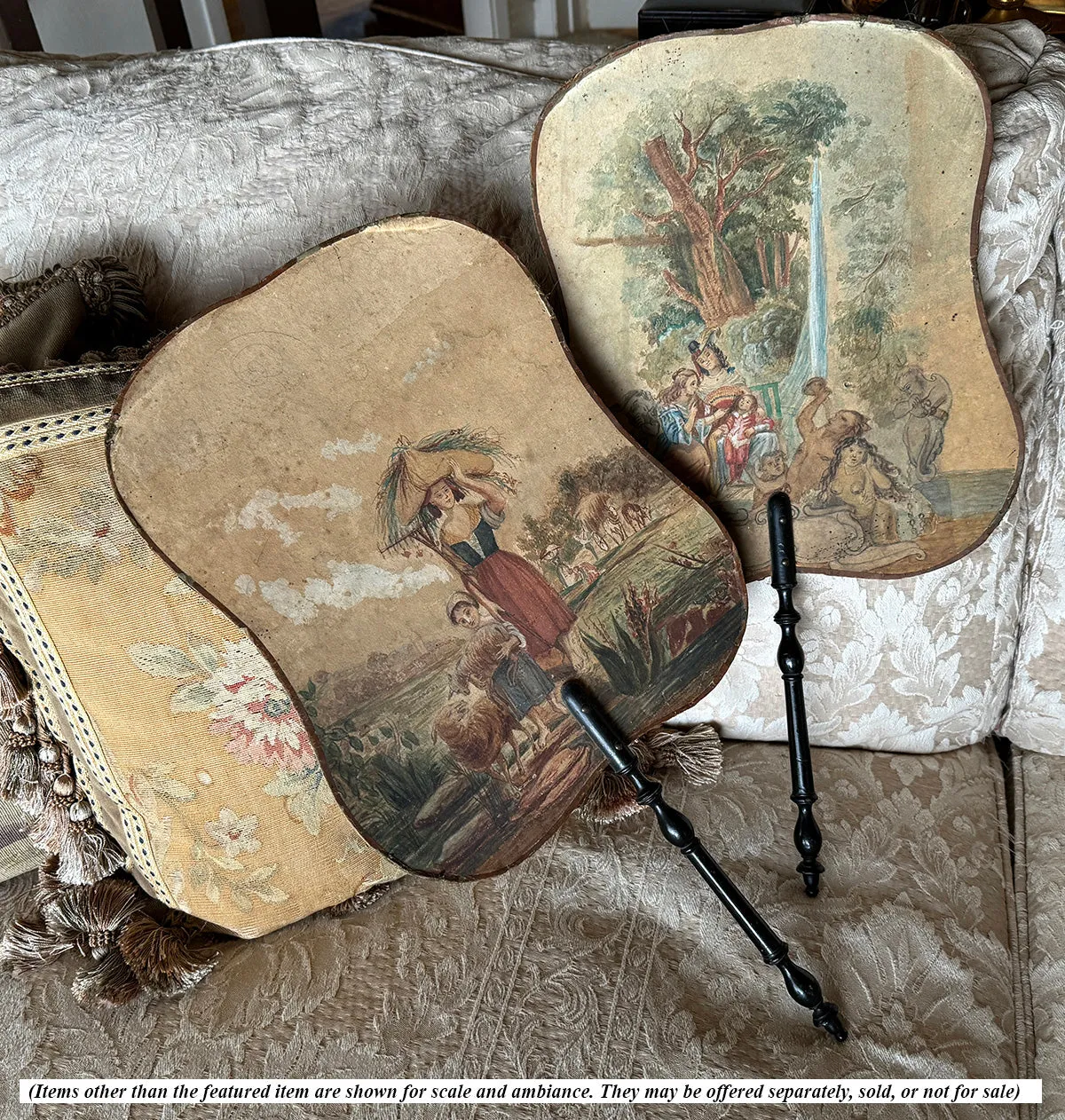 Extra Large Antique Face Screen Fan Pair, Watercolor Art in the Italian and French Manner, Paintings