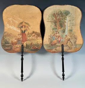 Extra Large Antique Face Screen Fan Pair, Watercolor Art in the Italian and French Manner, Paintings