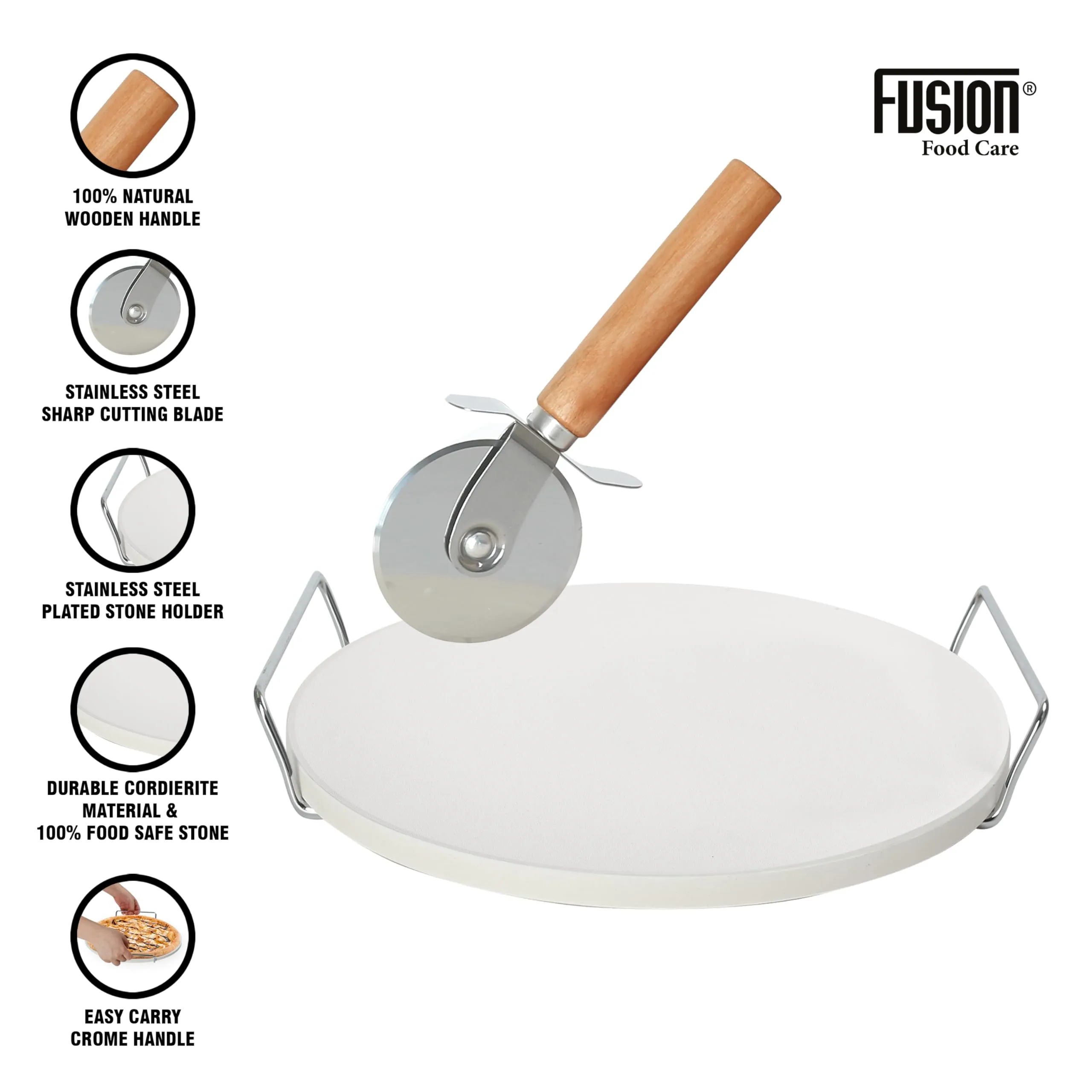 Fusion Food Pizza Stone Set with Pizza Cutter Wire Rack & Handle Multipurpose Cordierite Grilling Stone Perfect for Oven Grill BBQ 33CM Round Bread Baking Stone Board Perfect Heat Distribution