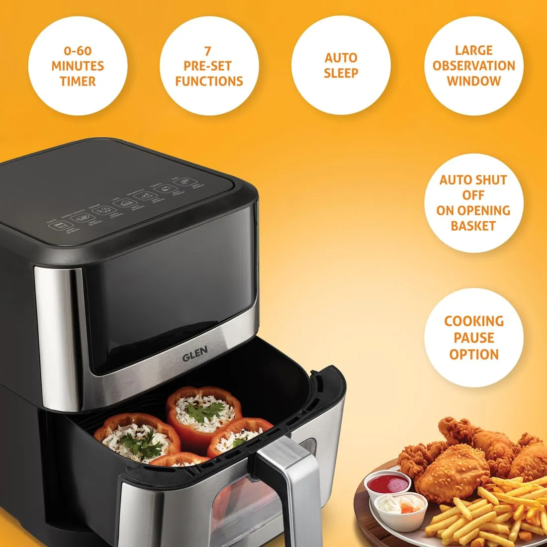 Glen SA3043 DSS Air Fryer, 6.0 Litre Digital Controls, 7 Pre Set Menu Timer, Temperature Control, 1500W -Black & Silver  - 2 years warranty