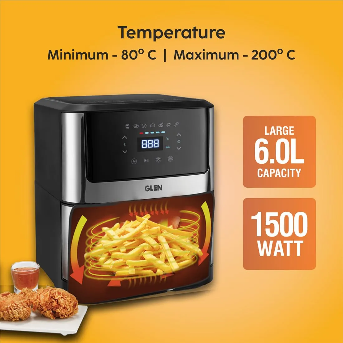 Glen SA3043 DSS Air Fryer, 6.0 Litre Digital Controls, 7 Pre Set Menu Timer, Temperature Control, 1500W -Black & Silver  - 2 years warranty