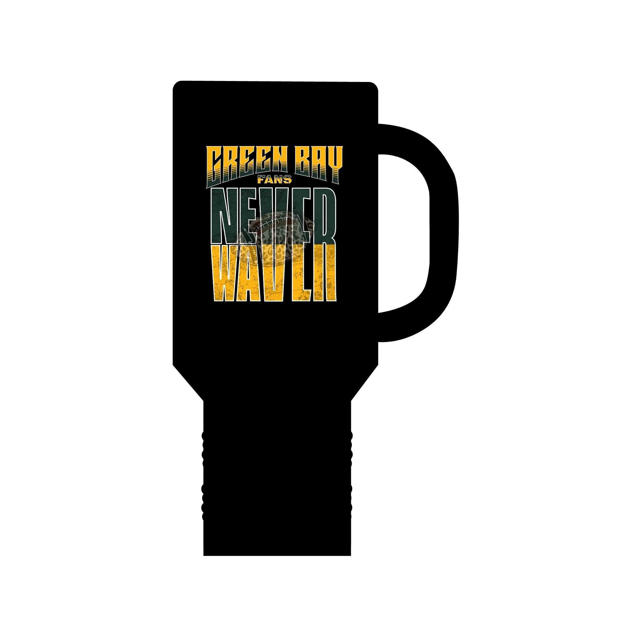 Green Bay Fans Never Waver with leopard football Insulated Travel Mug, 40oz