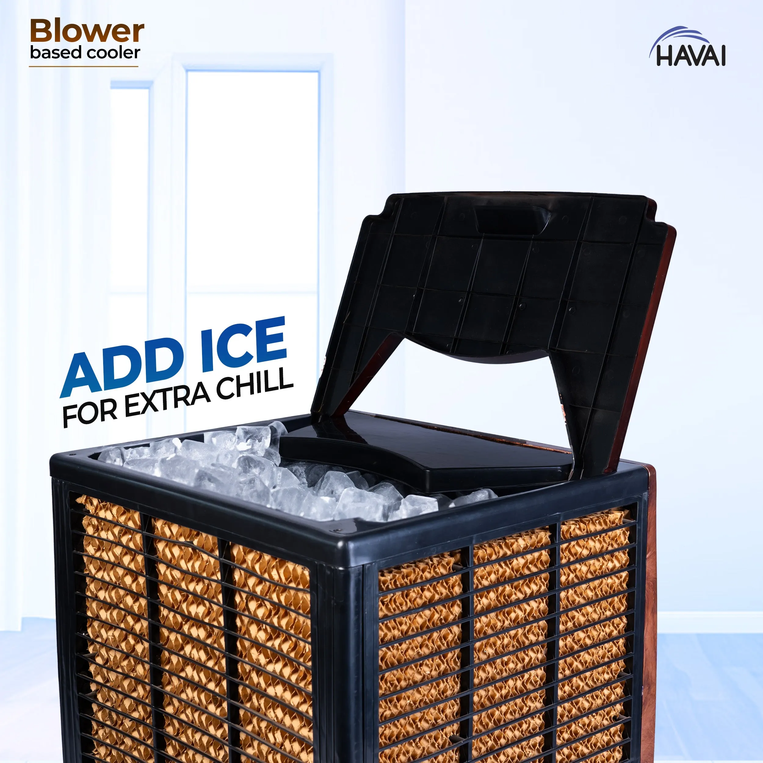 HAVAI KJR Ebony Air Cooler | Wooden Finish | 12-Foot Air Throw | 200 Sq. Ft. Coverage | 35-Litre Tank with Ice Chamber | 3-Sided Honeycomb | Trolley Included | 3-Speed Control | 1-Year Warranty