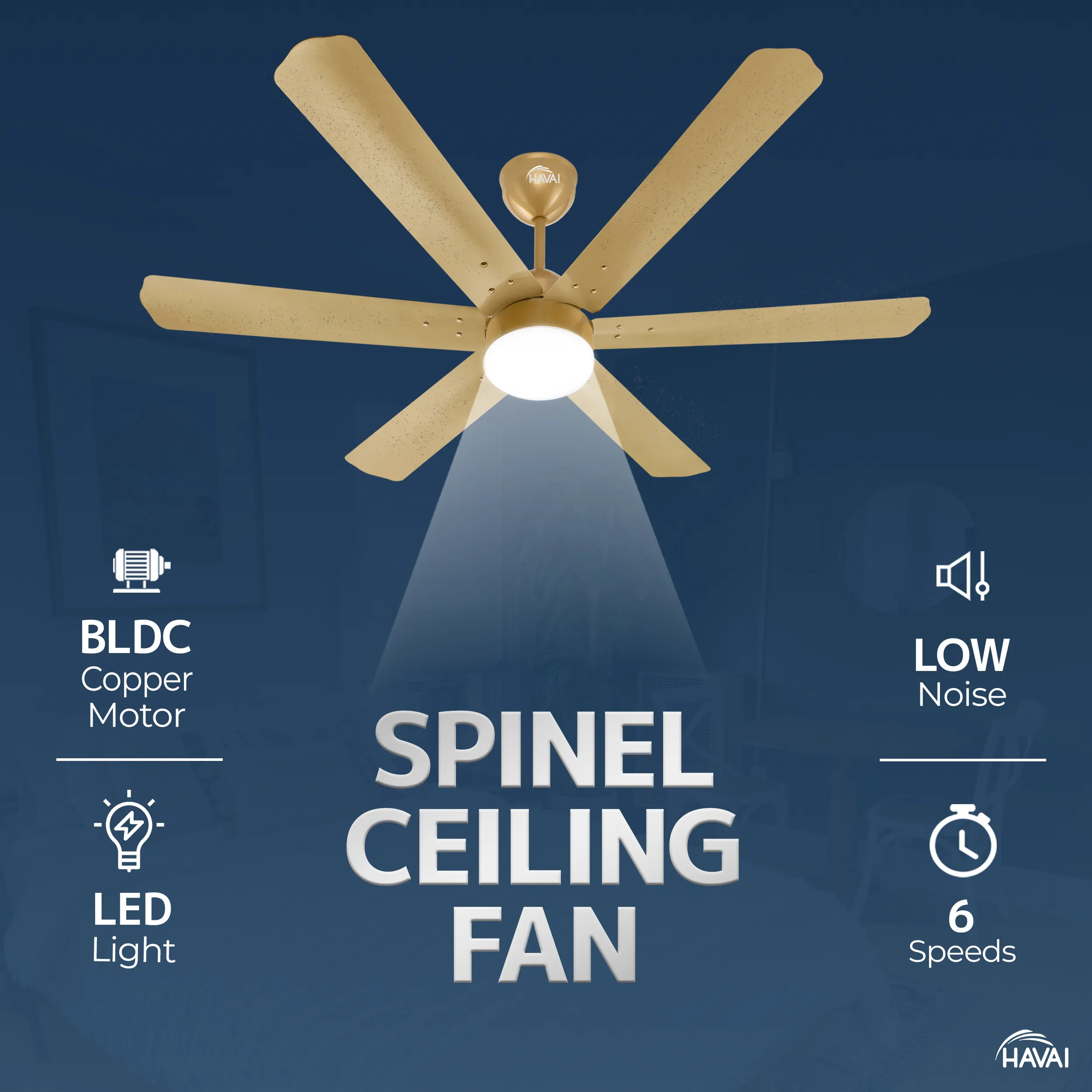 HAVAI Spinel BLDC Ceiling Fan 35W, 1200mm Blade with Remote - Champagne Yellow, 9W LED Light