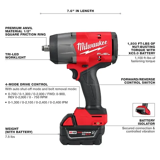 Impact Wrench - Milwaukee M18 FUEL™ 1/2 in High Torque Impact wrench w/ Friction Ring Kit, 2967-22