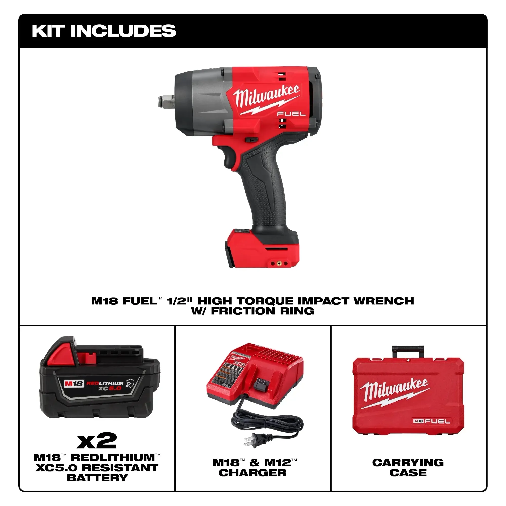 Impact Wrench - Milwaukee M18 FUEL™ 1/2 in High Torque Impact wrench w/ Friction Ring Kit, 2967-22