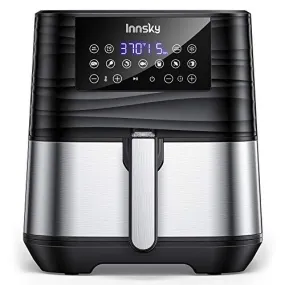 Innsky Air Fryer 5.8QT, 11-in-1 Stainless Steel Air Fryer Oven Dehydrator, Preheat, Delay Start & Keep Warm, 7 Food Presets, 1700W Oilless Cooker for Roast, Bake, Grill, LED Touchscreen, Recipes Book