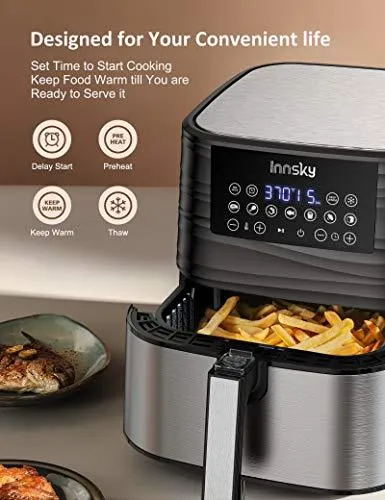 Innsky Air Fryer 5.8QT, 11-in-1 Stainless Steel Air Fryer Oven Dehydrator, Preheat, Delay Start & Keep Warm, 7 Food Presets, 1700W Oilless Cooker for Roast, Bake, Grill, LED Touchscreen, Recipes Book