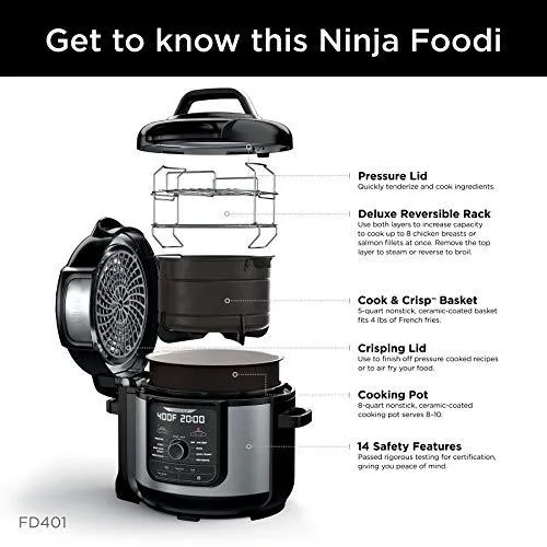 Ninja FD401 Foodi 8-Quart 9-in-1 Deluxe XL Pressure Cooker, Broil, Dehydrate, Slow Cook, Air Fryer, and More, with a Stainless Finish