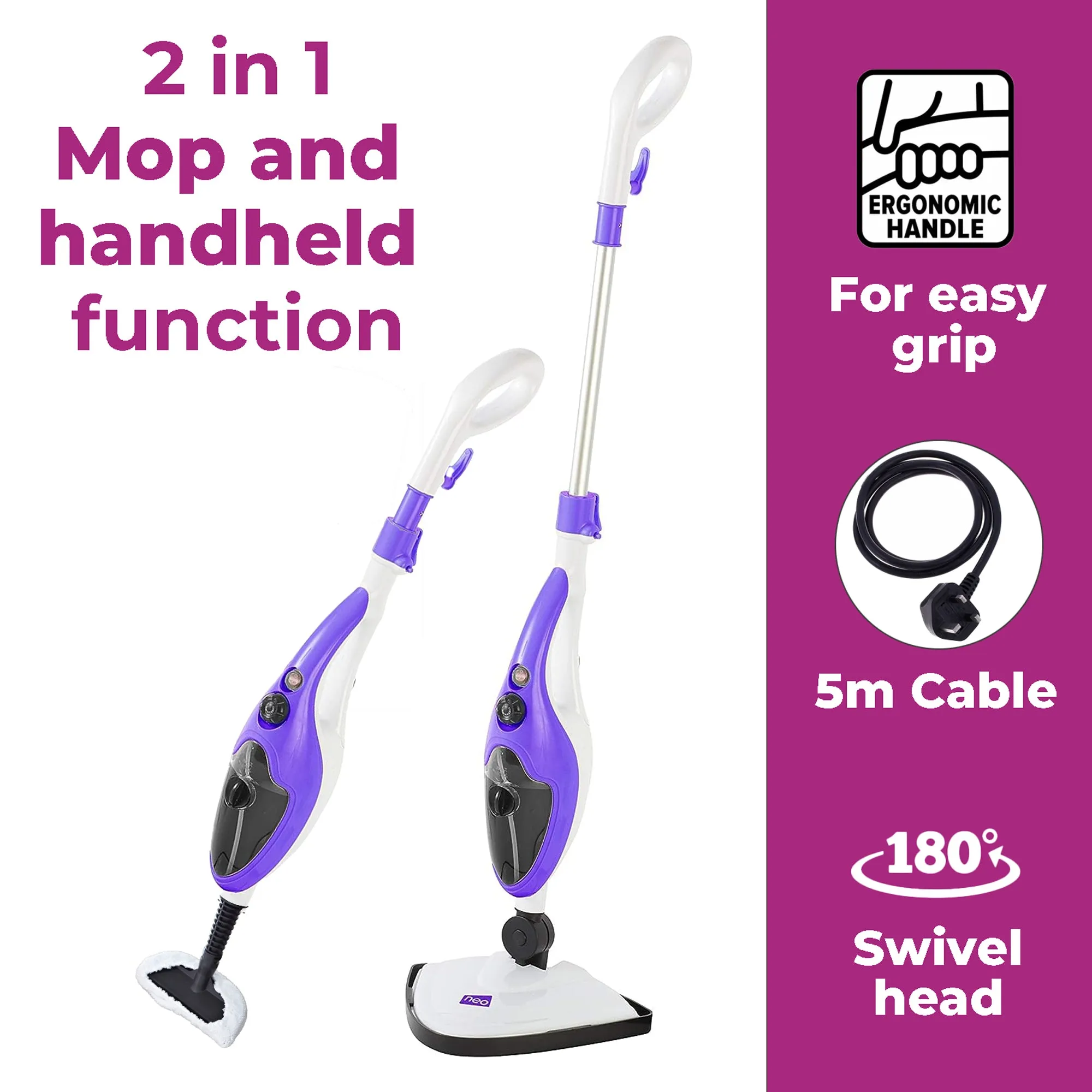 Purple 10 in 1 1500W Hot Steam Mop Cleaner and Hand Steamer