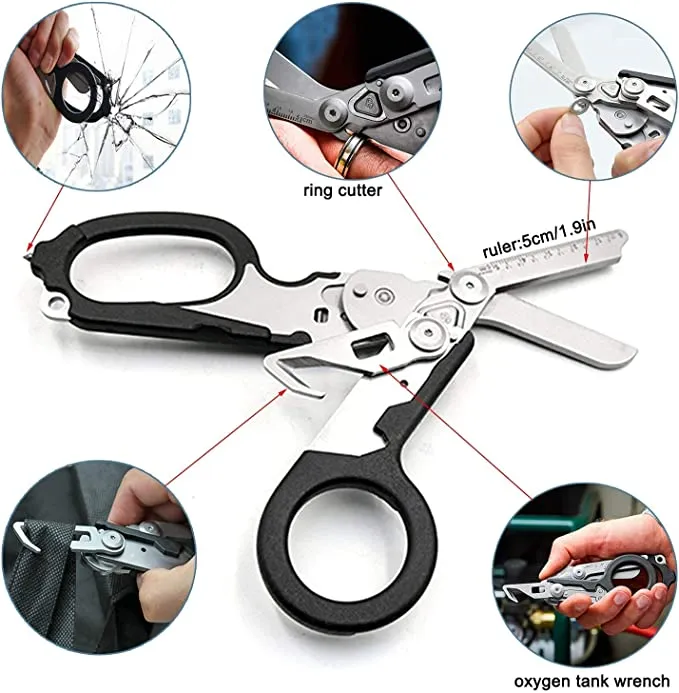 Raptor Rescue Emergency Multitool Shears with Including Folding Emergency Scissors, Tape Cutter, Ring Cutter, Ruler, Oxygen Tank Wrench and Carbide Glass Breaker, with Scissors Sheath