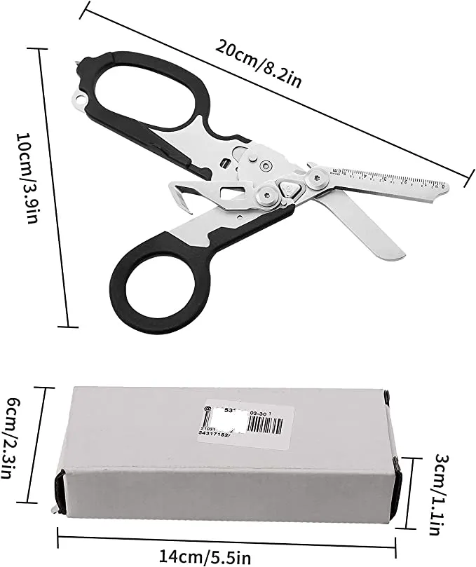 Raptor Rescue Emergency Multitool Shears with Including Folding Emergency Scissors, Tape Cutter, Ring Cutter, Ruler, Oxygen Tank Wrench and Carbide Glass Breaker, with Scissors Sheath