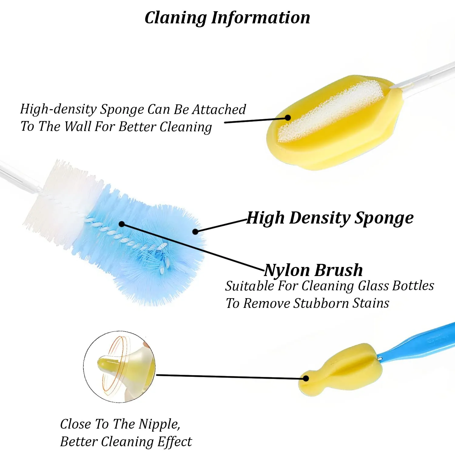 SYGA 7 Pcs Baby Milk Bottle Nipple Straw Brush Sponge BPA Free PP Cleaning Brush Cleaner Bottle Tong