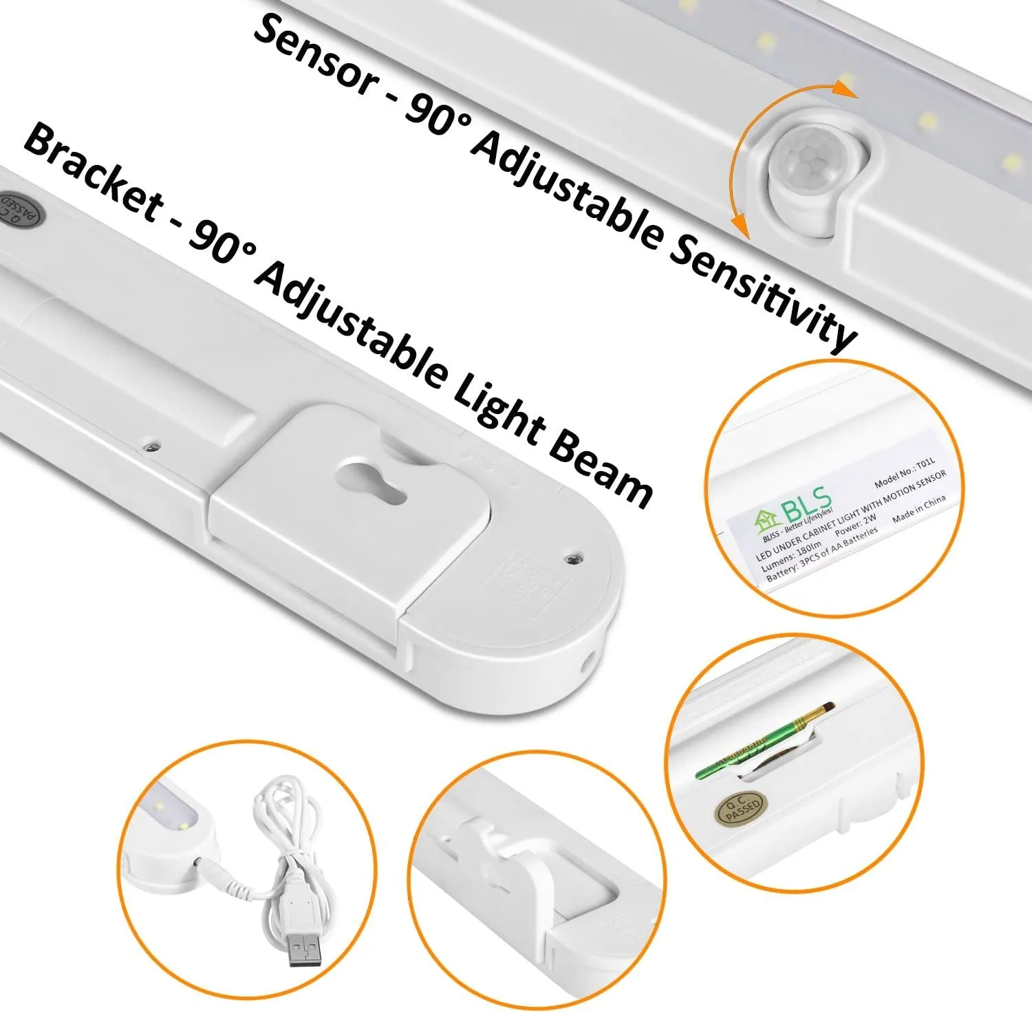 T01L LED Closet Light - BLS Super Bright 20 LED under Cabinet Lighting Battery Powered / DC Input Wireless Motion Sensing Light, Auto on off Switch, Motion Sensor & Light Sensor, Light Beam Adjustable