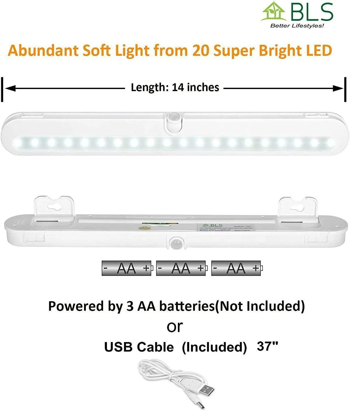 T01L LED Closet Light - BLS Super Bright 20 LED under Cabinet Lighting Battery Powered / DC Input Wireless Motion Sensing Light, Auto on off Switch, Motion Sensor & Light Sensor, Light Beam Adjustable