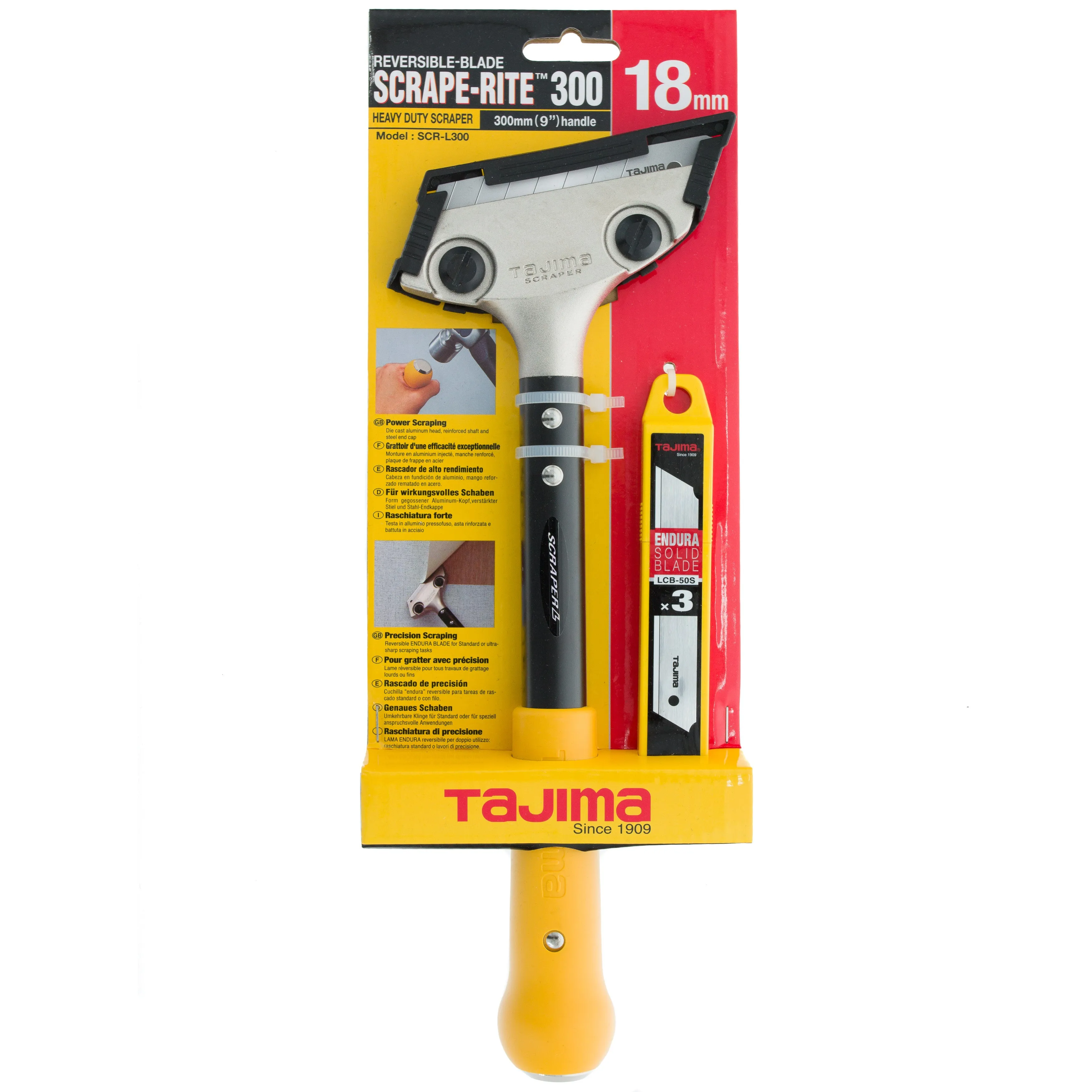 Tajima Scrape-Rite Scraper with a Professional Heavy Duty Handle and 3 Endura Solid 18MM Blades 300MM