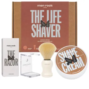 The Life Shaver Sandalwood zestaw krem do golenia 100ml   pędzel do golenia   stojak na pędzel   maszynka do golenia   ostrza maszynki do golenia