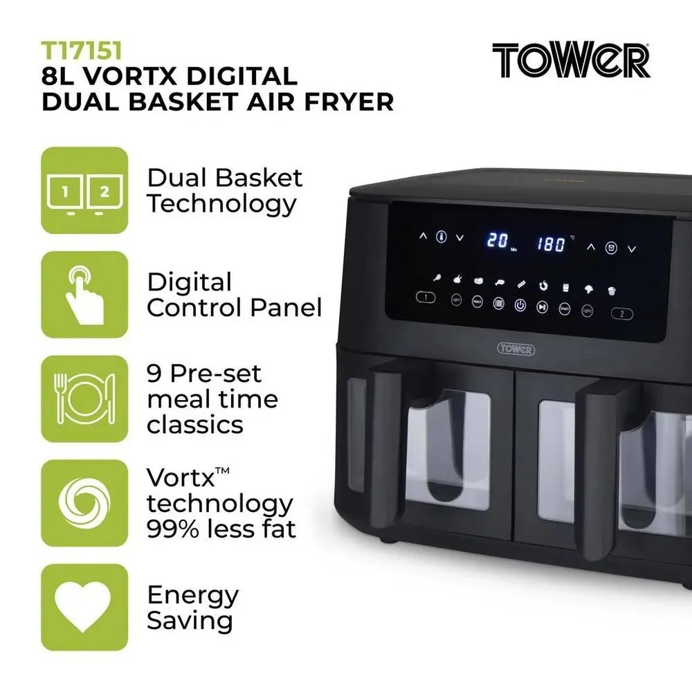 Tower T17151 8 Litre Digital Dual Basket Air Fryer, Black